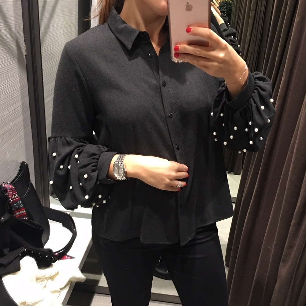 Zara Basic Black Button Down Top Pearl Sleeves S - image 6